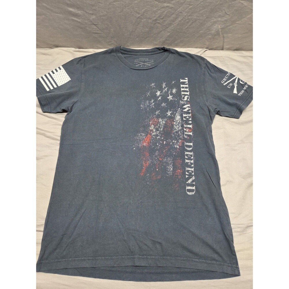 Grunt Style This We'll Defend Tee T-Shirt Short Sleeve Flag Cotton Blue Gray Med